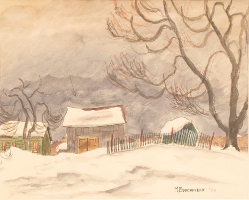MARTHA BURCHFIELD (AMERICAN 1924 - 1977) WATERCOLOR AND INK ON PAPER, 1974, H 11", W 13", "WINTER IN THE VALLEY" 