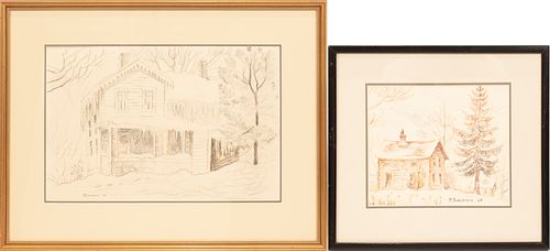 MARTHA BURCHFIELD (AMERICAN 1924 - 1977) CONTE CRAYON SKETCHES ON PAPER, 1969, TWO PCS., H 12", W 18" (LARGEST), UPSTATE NY HOMES 