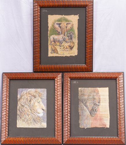 NANCY STRAILEY (AMER, 20/21ST C), PASTEL & PENCIL ON PAPER, 3 PCS, H 14", W 10", AFRICAN ANIMALS 