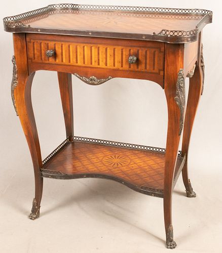LOUIS XV STYLE WALNUT & SATINWOOD TABLE, C. 1930 H 31", L 26"