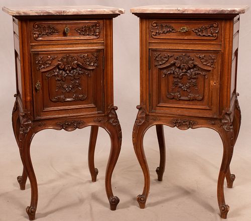 COUNTRY FRENCH MARBLE & WALNUT END TABLES, C. 1900 PAIR, H 33", W 17"