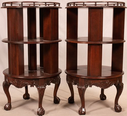 CHIPPENDALE STYLE MAHOGANY ROUND TABLES, PAIR, H 43", DIA 24"