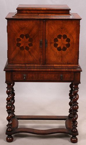 WILLIAM AND MARY STYLE MAHOGANY AND BURL WOOD GENTLEMAN'S DRESSING CABINET, H 45", W 25", D 14" 