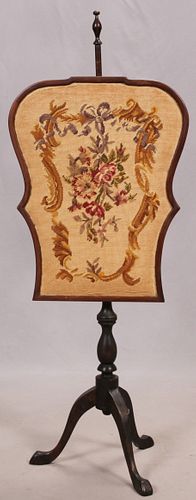 VICTORIAN STYLE MAHOGANY AND EMBROIDERY FIRESCREEN EARLY 20TH C.  H 47" W 18" 