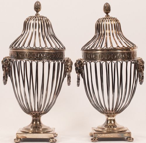 REGENCY STYLE SHEFFIELD SILVER PLATE URNS, C.1900,  PAIR, H 15", DIA 7"
