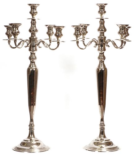 ENGLISH SILVER PLATE FIVE LIGHT CANDELABRAS, PAIR, H 38"
