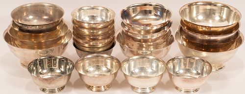 SILVER PLATE FOOTED BOWLS, 22 PCS, DIA 5"-8"