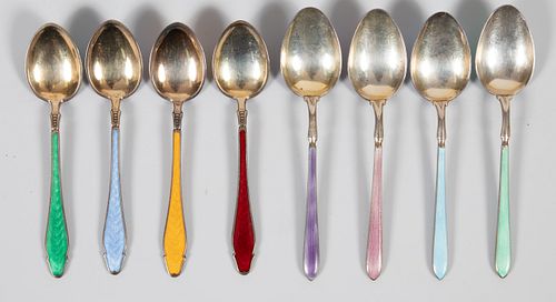 ENGLISH  STERLING SILVER  DEMITASSE SPOONS WITH ENAMEL HANDLES, 8 PCS, L 4"