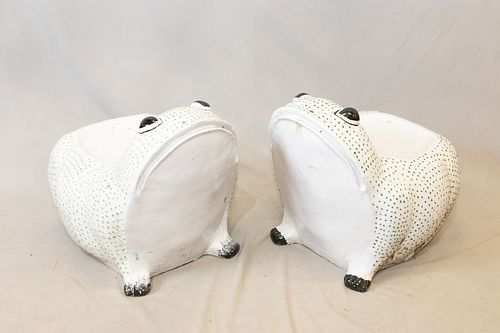 GLAZED POTTERY FROG FORM GARDEN SEATS, PAIR, H 20.5", W 24", D 20"