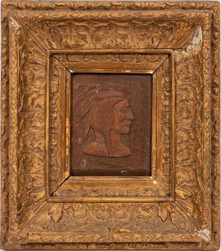 'BIGAK' AMERICAN  INDIAN HAND CARVED MAHOGANY WOOD  MINATURE PICTURE, IMAGE SIZE: H.5" X 4" W. FRAME 12" X10 1/2" WIDE. BENIZIT 1898 (1) 