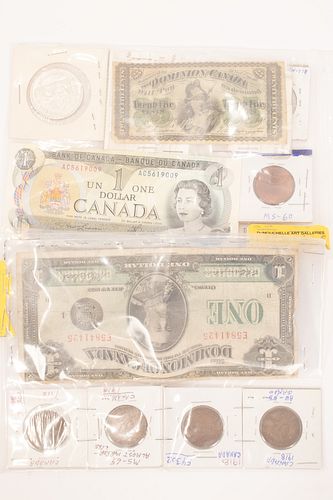 $1.CANADA1923 LG.NOTE #E-5841425 & .25C PAPER NOTE 1870 (2) & TOTEMPOLE $1.COIN, CANADIAN KING LARGE PENNIES 1918 UNCIR.COINS H 11" W 9" 