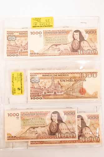 MEXICAN UNCIRCULATED $1,000.PAPER CURRENCY NOTES SERIAL # G-863096 TO # G863100 CONSECUTIVE #'S, 1983 (5) H 11" W 9" 