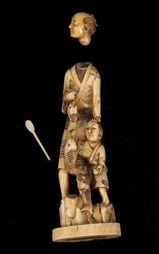 SIGNED HAND CARVED BONE CARVING OF FISHERMAN HOLDING STRING OF FISH, TO A BOY, AS IS, LOOSE-HEAD H 6" W 2" 