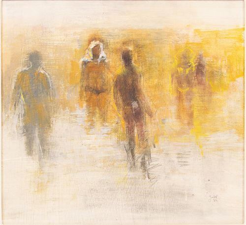 ZUBEL KACHADOORIAN (AMERICAN, 1926) OIL ON MASONITE,  1962 H 13.5" W 14.5" FIGURES WALKING 