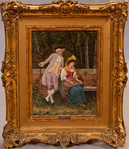 EUROPEAN (LATE 19TH C), OIL ON CANVAS, H 14", W 10", FRENCH COURTING SCENE 