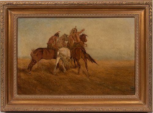 OIL ON CANVAS, H 20", W 30", NATIVE AMERICANS ON HORSEBACK 