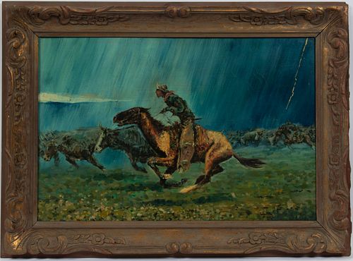 AFTER FREDERIC REMINGTON (AMER, 1861-09), OIL ON CANVAS, H 24", W 36", "THE STAMPEDE" 
