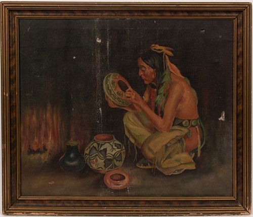 INFLUENCED BY EANGER IRVING COUSE (AMER, 1866-36), OIL ON CANVAS, H 22", W 27", NATIVE AMERICAN POTTER 