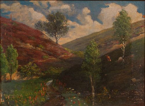P.J. HARTELL, OIL ON CANVAS, 1893, H 11", W 15", PASTORAL LANDSCAPE 