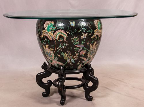 CHINESE PORCELAIN COI BOWL + GLASS TOP, H 29", DIA 42" 