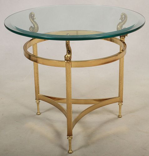 HOLLYWOOD REGENCY STYLE BRASS & GLASS TOP TABLE, H 21", DIA 24"
