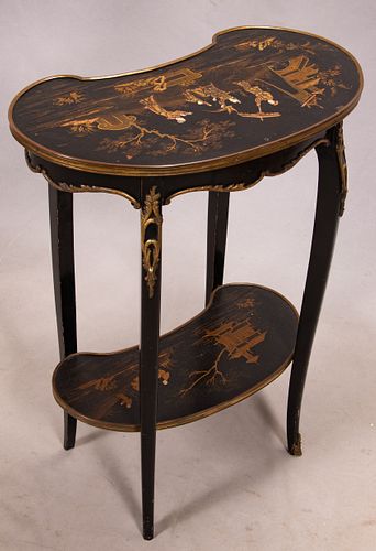 FRENCH LOUIS XVI STYLE  ORMOLU MOUNTED JAPANED  KIDNEY SHAPED SIDE TABLE H 29", W 22", D 12" 