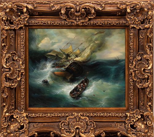 SIGNED MODERN OIL ON CANVAS, H 20", W 24", SINKING SHIP 