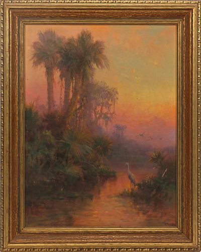 VICTOR CASENELLI (AMER, MICH, 1868-61), OIL ON PANEL, H 21", W 15", TROPICAL SUNSET 