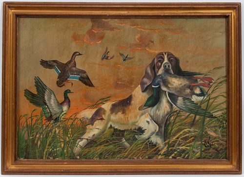 SIGNED OIL ON CANVAS, 1961, H 26", W 38", HUNTING DOG 