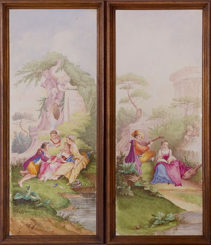 PAINTED TILE PLAQUES, PAIR, H 21", W 8", COURTING SCENES 