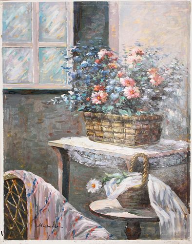 SIGNED MICHELLE, OIL ON CANVAS H 24" W 36" STILL-LIFE OF FLOWERS NEAR WINDOW 