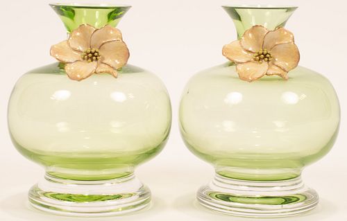 JAY STRONGWATER ENAMEL AND GLASS BUD VASES, PAIR H 5.5" 