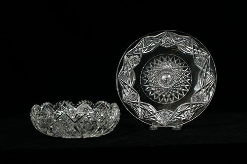 BRILLIANT PERIOD CUT CRYSTAL BOWL AND SERVING PLATE C. 1900 DIA 8", 9" 