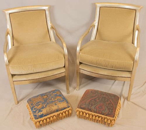 HICKORY CHAIR CO. OPEN ARMCHAIRS + FOOTSTOOLS, 4 PCS, H 37", W 28", D 33" (CHAIR) 