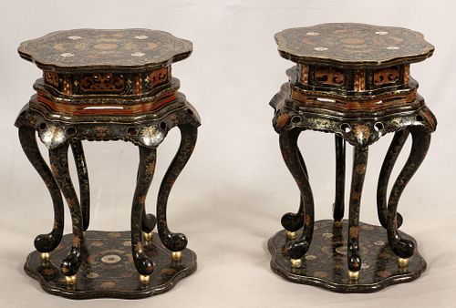 CHINESE, LACQUER PEDESTALS PAIR, H 27", DIA 19" 
