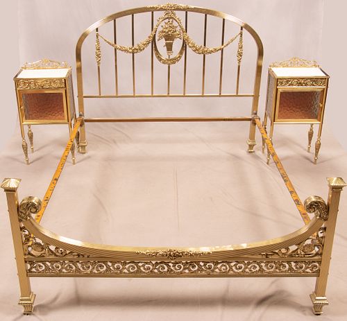FRENCH STYLE BRASS FULL SIZE BEDFRAME & END TABLES, 4 PCS, H 30"-45" 