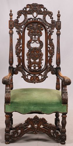 GOTHIC REVIVAL CARVED WALNUT CHAIR, C. 1900-1910 H 60", W 30"