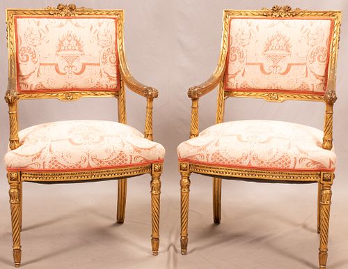 FRENCH GILT GESSO ARMCHAIRS, PAIR, H 38", W 24"