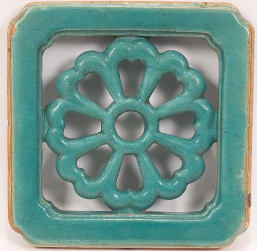 CHINESE GARDEN TILE, TURQUOISE GLAZE H 12.5 W 12.5 