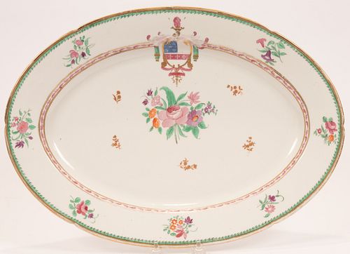 CHINESE EXPORT ARMORIAL PORCELAIN PLATTER W 13" L 18.25" FLORAL DESIGN WITH FAMILY CREST 