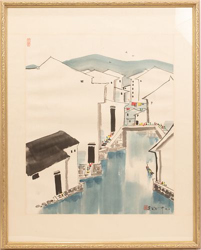 CHINESE WATERCOLOR ON PAPER, H 28 1/2", W 23", CHINESE CANAL SCENE 
