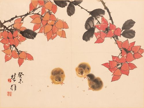 CHINESE WATERCOLOR ON PAPER, H 13 1/2", W 17 1/2", THREE CHICKS WITH BLOSSOMS 
