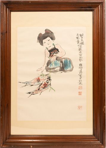 CHINESE WATERCOLOR ON PAPER, H 27", W 20", YOUNG GIRL PLAYING WITH FISH 