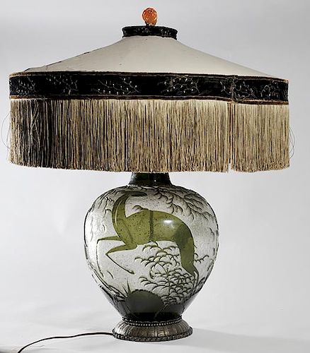 Important Daum Nancy overlaid and internally decorated glass lamp