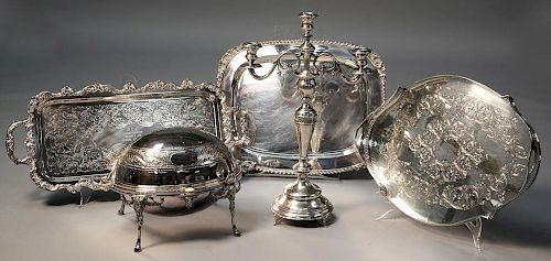 Continental silver .800 footed candelabra with three plated trays and one silver plate bun warmer