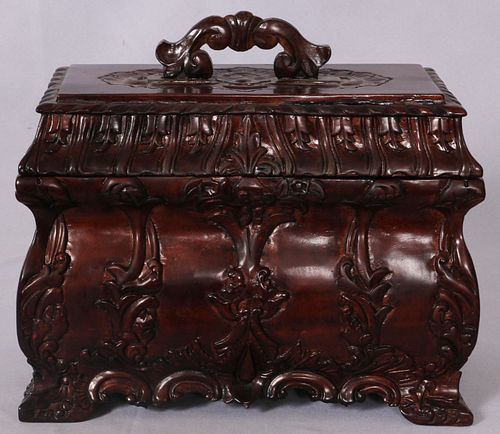 HAND CARVED MAHOGANY COVERED BOX H 11" W 12" D 6" 