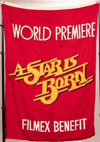 FILM PROP CANVAS BANNER, C. 1976, H 68", W 48", "A STAR IS BORN" 