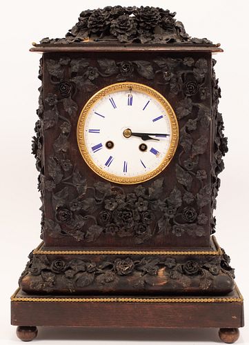 JAPY FRERE MOVEMENT FRENCH CARVED REPOUSSE MANTEL CLOCK, H 15", W 10"