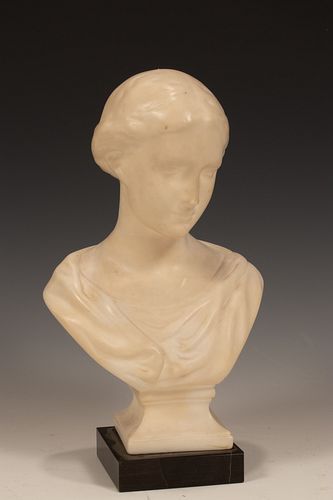 FRENCH ALABASTER BUST, 20TH C, H 10", W 6", YOUNG WOMAN 