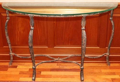 WROUGHT IRON & GLASS CONSOLE TABLE, H 30", W 50"